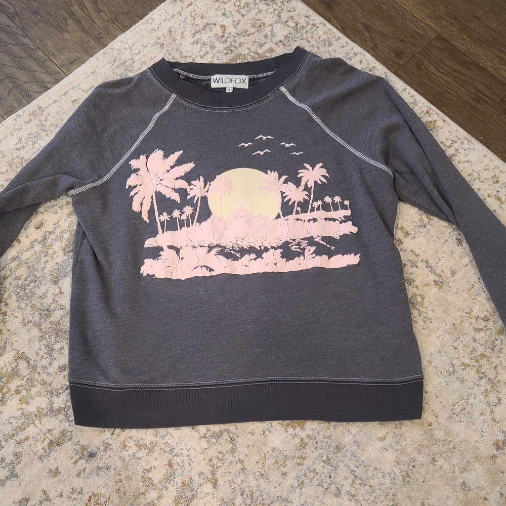 Wildfox Gray Sweatshirt with Pink Tropical Beach Sunset Print Size S